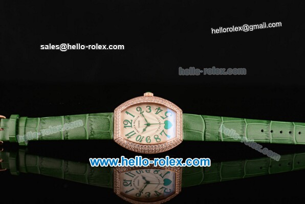 Franck Muller Heart Swiss Quartz Rose Gold Case with Green Leather Strap Diamond Bezel and White Dial - ETA Coating - Click Image to Close